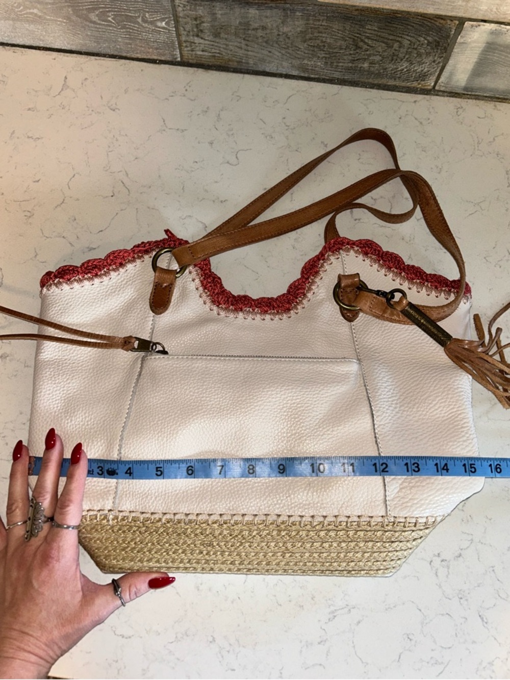 The Sak White Leather Shoulder Bag with Pink Embroidered Trim and Tan Braiding - Picture 8 of 16